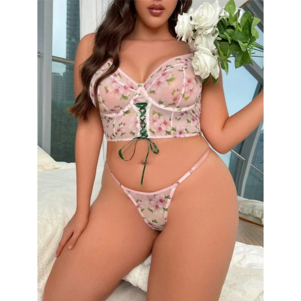 14 Plus Floral Print Mesh Lace Up Front Underwire Lingerie Set